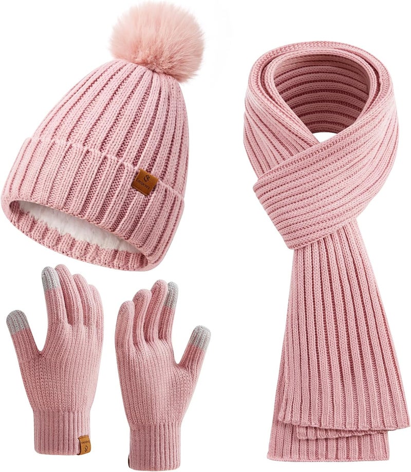 Coolprince Womens Long Scarf Gloves and Hat Set Cold Weather Hat Scarf Glove Set for Women Winter Beanie Hats with Pom Pom - Image 1